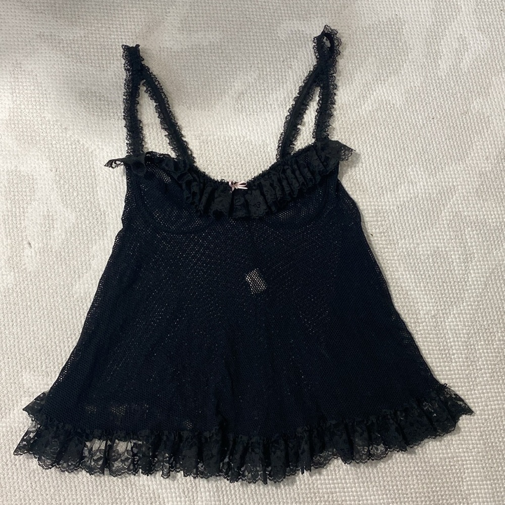 Shirley of Hollywood Black Stretchy Mesh Underwire Pink Bow Babydoll Nighty Med. - Picture 12 of 13